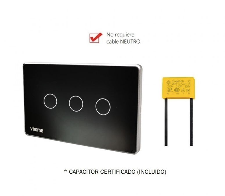 Interruptor Wifi RF Vector Design SN Sin Neutro Touch 3 Canales Compatible Con Google Home y Alexa