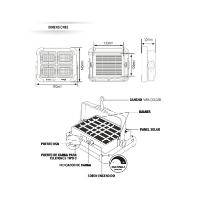 Proyector portátil recargable solar 100W 5V USB C