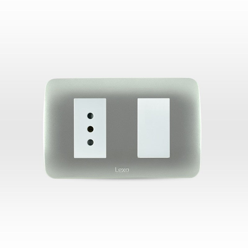Interruptor simple + toma corriente 10A color plata certificado